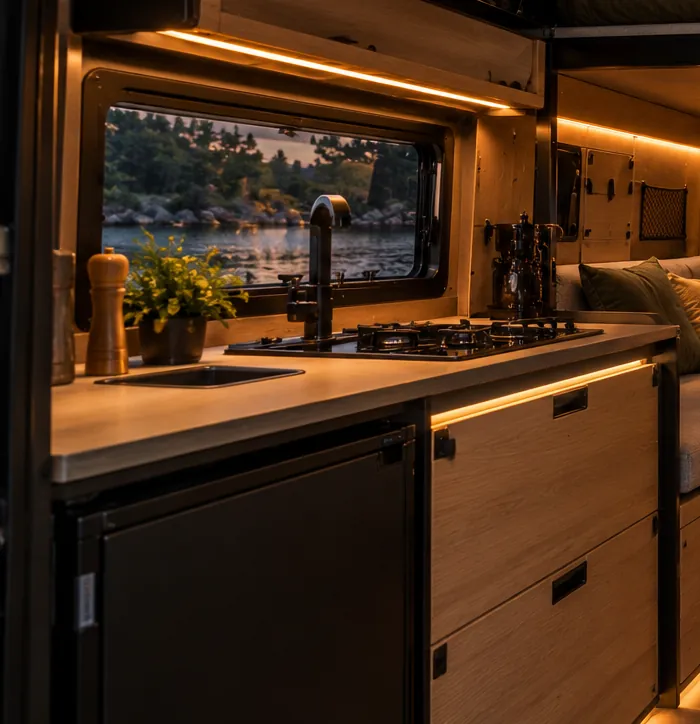 The kitchen: gas hob, sink with black tap and a fridge under the wooden worktop.