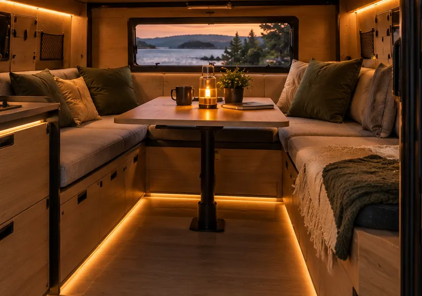 The lounge with cushioned seats around a table.