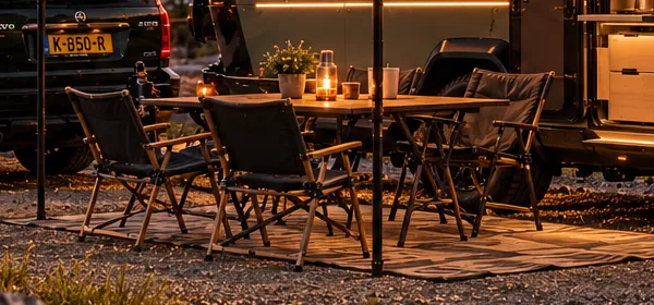 A table and chairs under the awning.